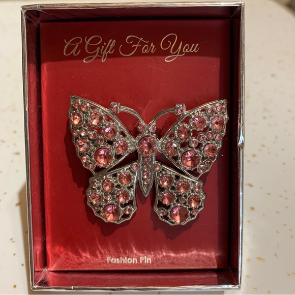 Silver Toned Pink Rhinestone Butterfly Pin. About 2” wide and 1 1/2” tall. - Picture 2 of 6